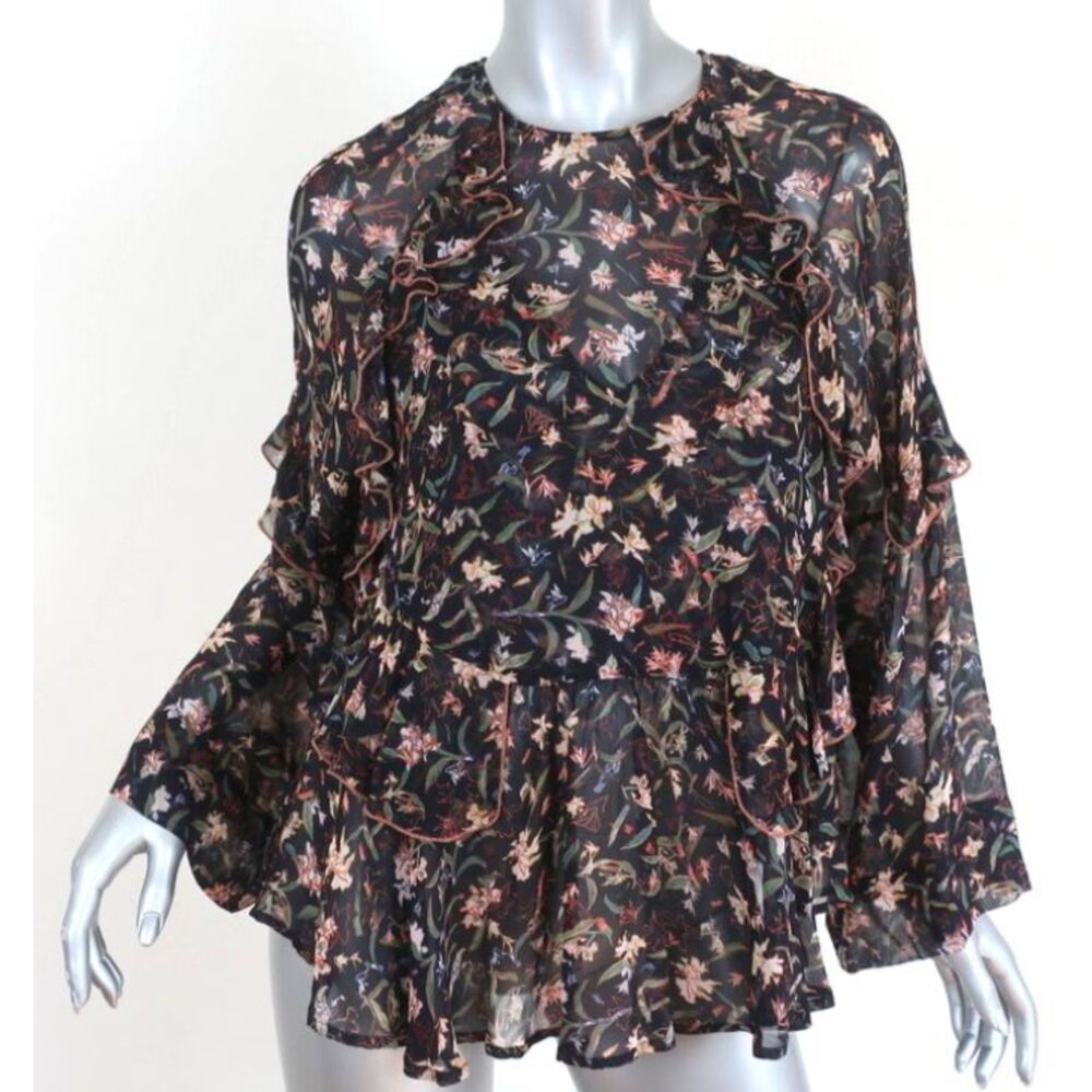 IRO Paris Women's Black Floral Print Ruffled Crepe French Size 42 XL Long Sleeve